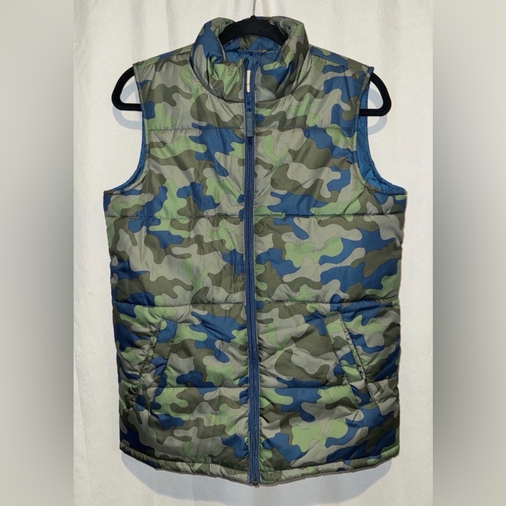 Lands End Kids Camouflage Puffer Vest Blue Green Boys Girls L 14 16 Never Worn!